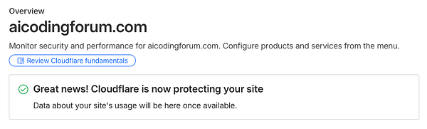 The image displays an overview page for the domain aicodingforum.com on the Cloudflare platform.