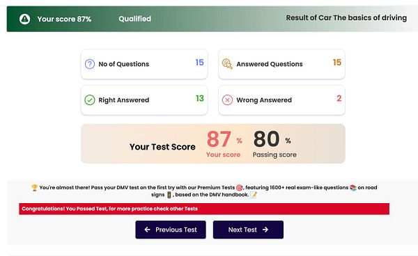 The image displays the results of a driving test with a score summary and additional information.