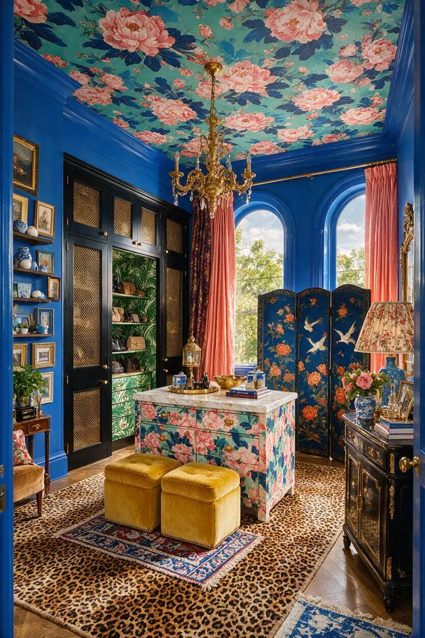 A dramatic maximalist closet with vivid cobalt blue walls, a floral-painted ceiling, and a gold chandelier hanging above a floral-covered island. Black wardrobes with mesh doors line one wall, pink drapes frame tall arched windows, and leopard print and patterned rugs layer the floor with rich color and texture.