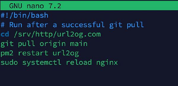 A terminal window displaying a bash script for automating tasks after a GitHub push.