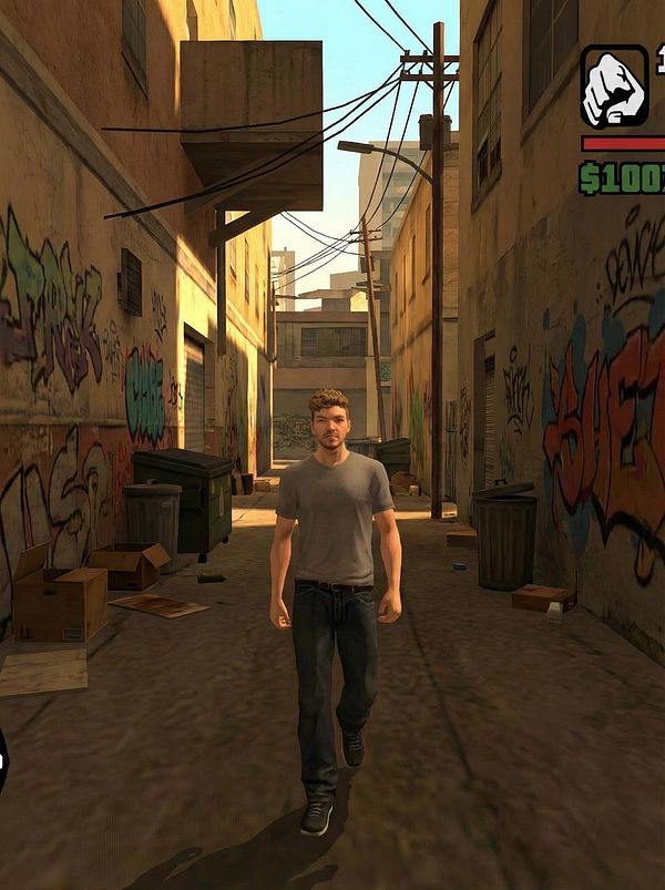 A character walks through a graffiti-covered alley in a video game environment.