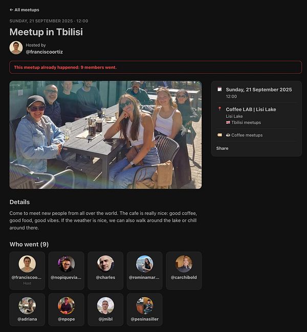 Detailed individual meetup page for a Tbilisi meetup hosted on Sunday, 21 September 2025, showing event info, attendees, and a group photo.