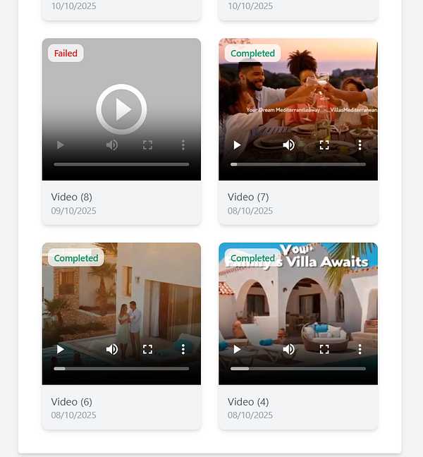 The image displays a video management interface showing the status of various video projects.