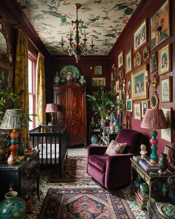 A richly decorated nursery with deep burgundy walls, a floral wallpapered ceiling, and a colorful vintage chandelier. The room includes a black crib, a velvet purple armchair, patterned rugs, and walls covered in framed art, ceramics, and layered decor.