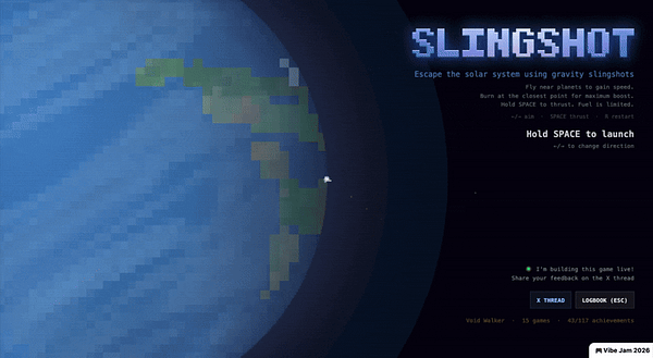 Screenshot of a game interface showing a spaceship, minimap with trajectory preview, and a destination marker in the Vibejam game.