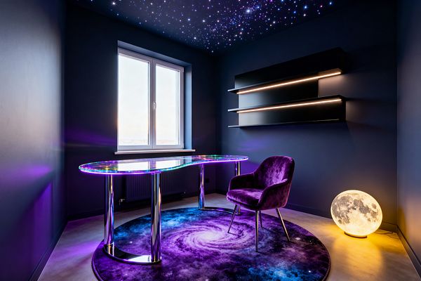 A compact home office with deep indigo walls features a starry fiber‑optic ceiling and a white-framed window. A curved, edge‑lit glass desk on chromed legs sits over a round galaxy rug in purple and blue. A plush purple velvet chair faces matte-black floating shelves with warm linear LEDs. A moon-shaped floor lamp glows beside the shelves, casting golden light across the pale concrete floor, creating a futuristic yet cozy atmosphere for focused work.