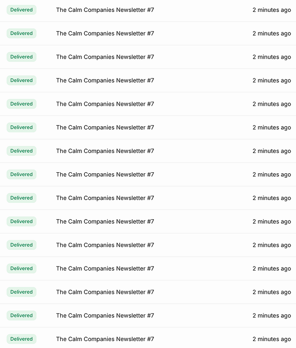 A newsletter email titled 'weekly #calmcompanies update' showing a photograph of a man on a boat on calm water with forested mountains in the background, sent using the Mailchimp platform.