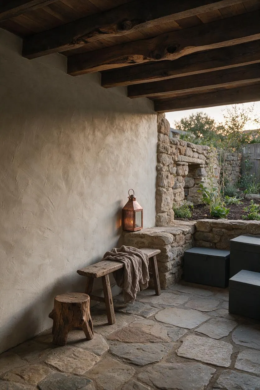 A quiet backyard patio features a rough plaster wall, exposed dark wood ceiling beams, and a stone floor laid in irregular slabs. A small rustic wooden bench and stump stool sit beside a copper lantern, while stacked stone seating and a planted garden bed add earthy texture.