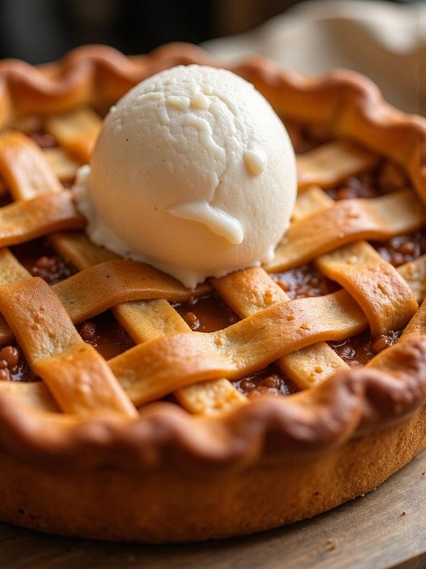 A close-up of a freshly baked pie topped with a scoop of vanilla ice cream.