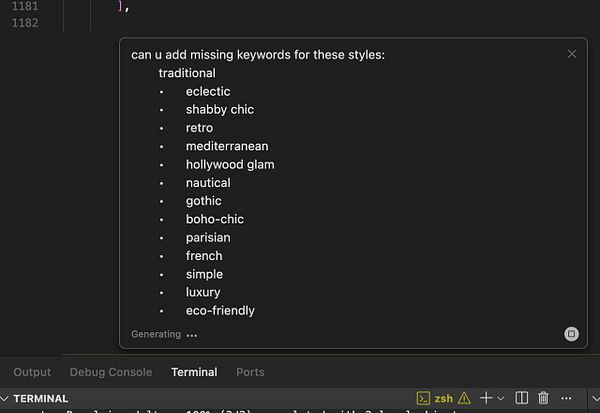A terminal interface displaying a prompt for adding missing keywords related to various interior design styles.