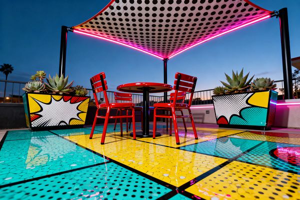 A Pop Art rooftop patio at dusk features a shiny floor divided into teal and yellow blocks with black comic-style lines and dotted patterns. At the center sits a round red metal café table with matching chairs, flanked by two succulent planters decorated with graphic starburst panels; above, a white polka-dot shade sail edged in pink LED lighting is supported by black posts and railings against a deep blue sky.
