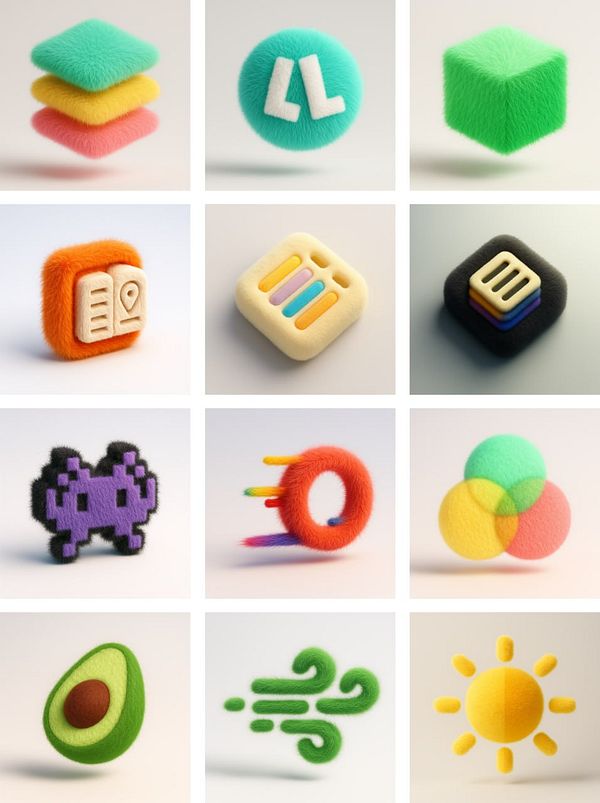 The image features a grid of colorful, fluffy 3D icons representing various concepts and objects.