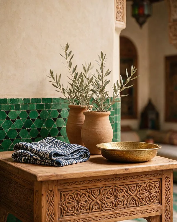A Moroccan-style vignette features a carved wooden table topped with folded blue patterned textiles, terracotta vases with olive branches, and a hammered brass bowl. Behind it, a green zellige tile border contrasts with warm plaster walls and an arched interior opening.