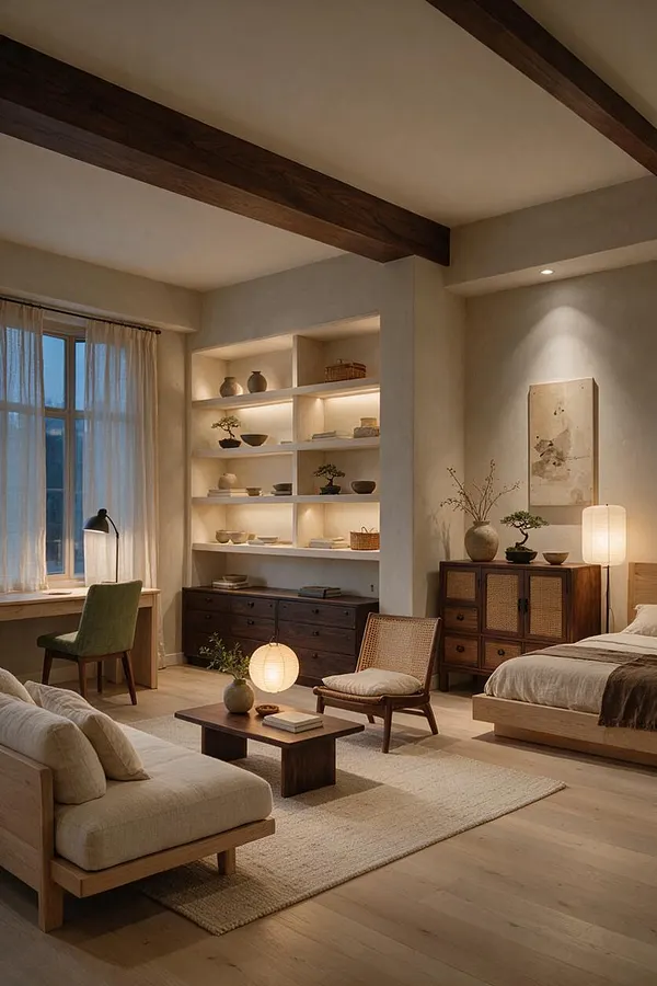A serene Japandi-style home office and lounge with light wood flooring, dark ceiling beams, and warm neutral walls. Built-in illuminated shelves display pottery and decor above a low dark wood cabinet, while a desk, cushioned chairs, a low coffee table, paper lantern lights, and a simple bed create a calm multifunctional space.