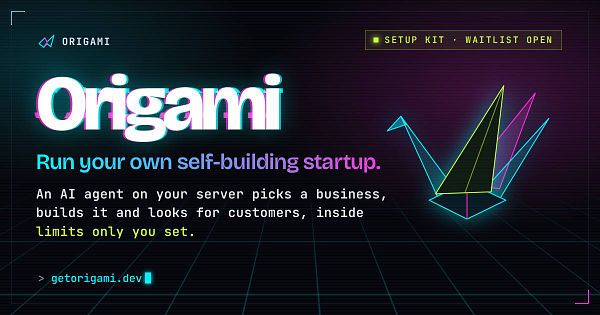 Dark-themed webpage promoting Origami, an AI-powered self-building startup platform with a neon origami crane graphic and setup kit waitlist status.