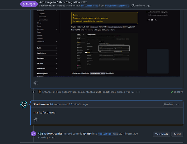 A GitHub pull request interface showing a merged pull request related to GitHub integration documentation.