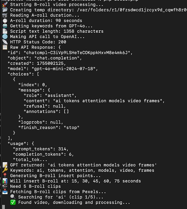 The image displays a terminal window showing the process of generating B-roll video clips using AI.