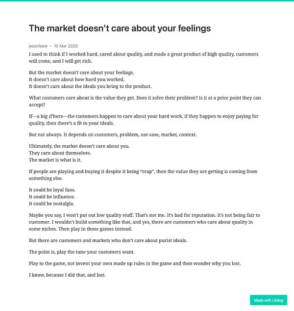 A blog post discussing the indifference of the market towards personal feelings and ideals.