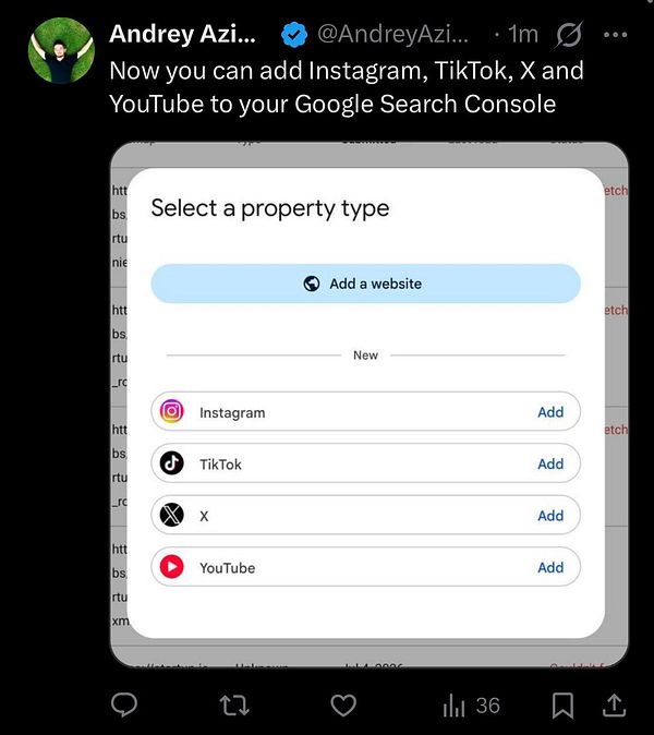 Screenshot of a Google Search Console interface detailing social media account connection instructions and a Twitter account addition.