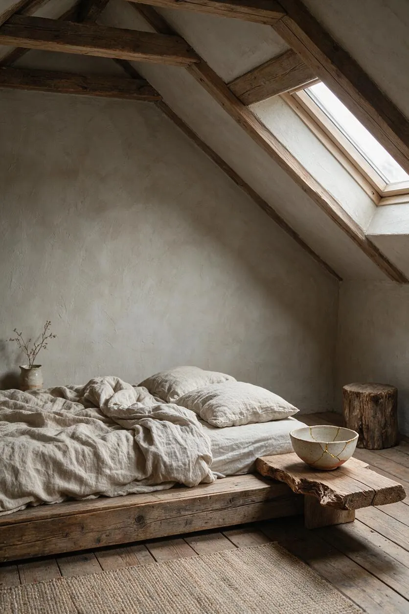 A serene master bedroom with a low wooden platform bed dressed in crumpled linen bedding and neutral pillows, set beneath exposed timber rafters and a skylight. The room features textured plaster walls, a rustic wood stump side table, a rough-hewn bench with a ceramic bowl, and a natural woven rug on weathered plank flooring.