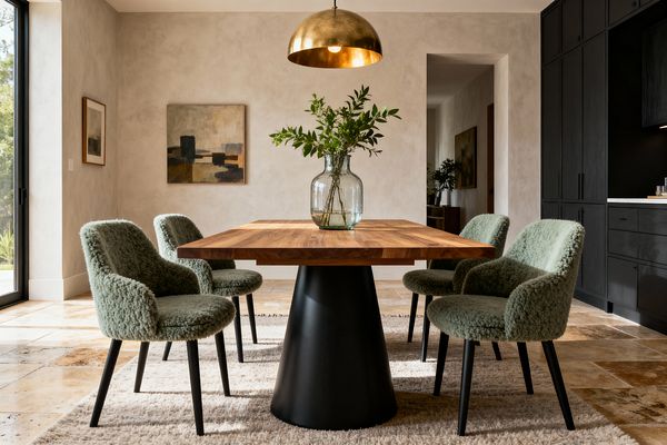 A contemporary dining room features a rectangular walnut table on a black conical pedestal set over a light textured rug. Four sage-green bouclé chairs with black legs surround the table, while a large brass dome pendant hangs above a clear glass vase with leafy branches. Natural light enters through a black-framed glass door, illuminating travertine tile floors, warm plaster walls, abstract art, and matte-black cabinetry with a pale countertop along the right side.