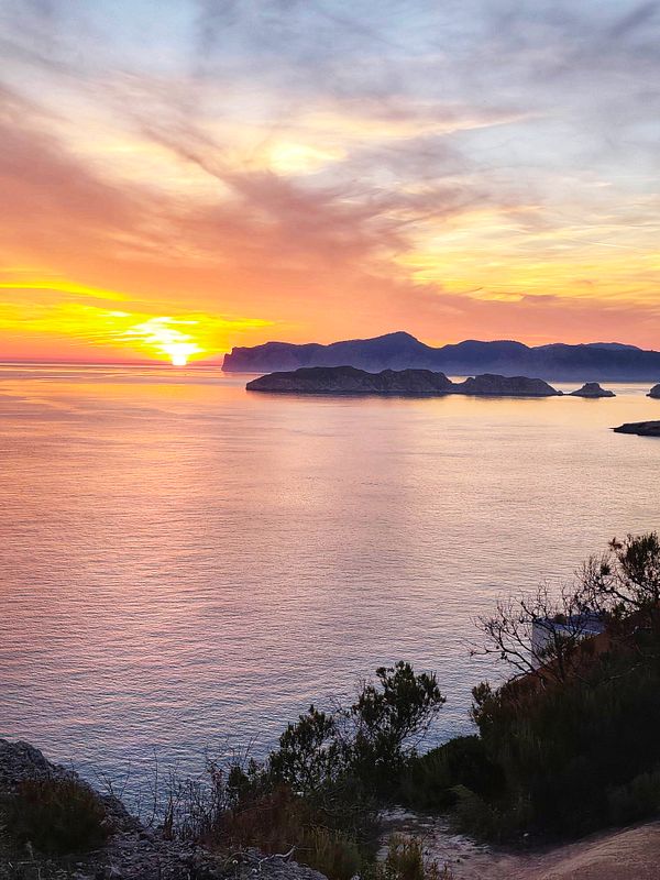 A vibrant sunset over a natural landscape with silhouetted trees and a body of water.