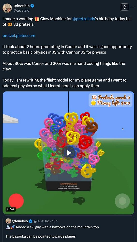 A colorful 3D claw machine filled with pretzel-shaped objects is displayed in a game interface.