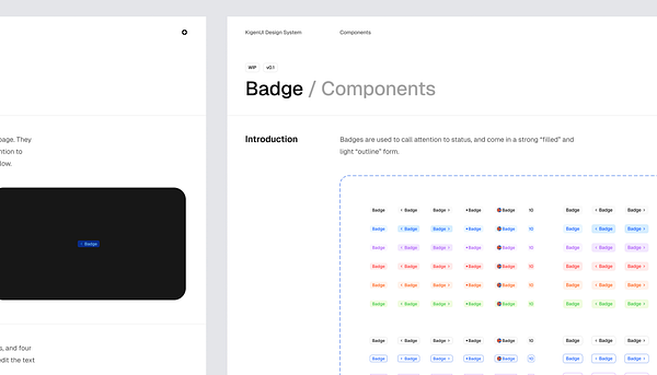 The image displays a design system interface focused on badge components.