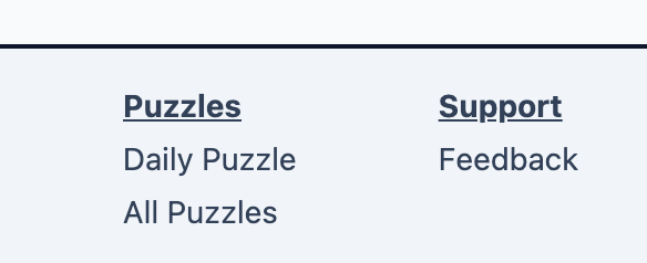 The image displays a footer section of a webpage with links categorized under 'Puzzles' and 'Support'.