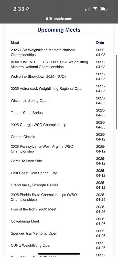 A list of upcoming weightlifting meets with their respective dates.
