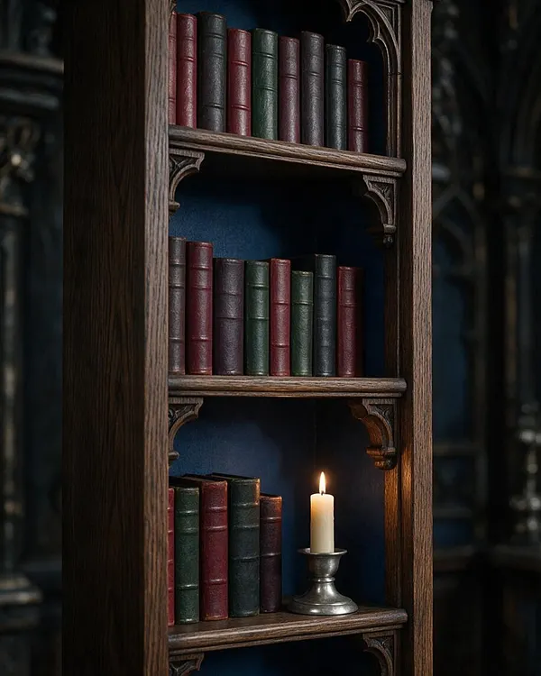 A tall wooden bookcase styled in Gothic fashion holds rows of leather-bound books in deep burgundy, green, and charcoal tones. Decorative carved brackets frame each shelf, and a small lit candle in a metal holder adds a warm glow against the dark blue back panel.