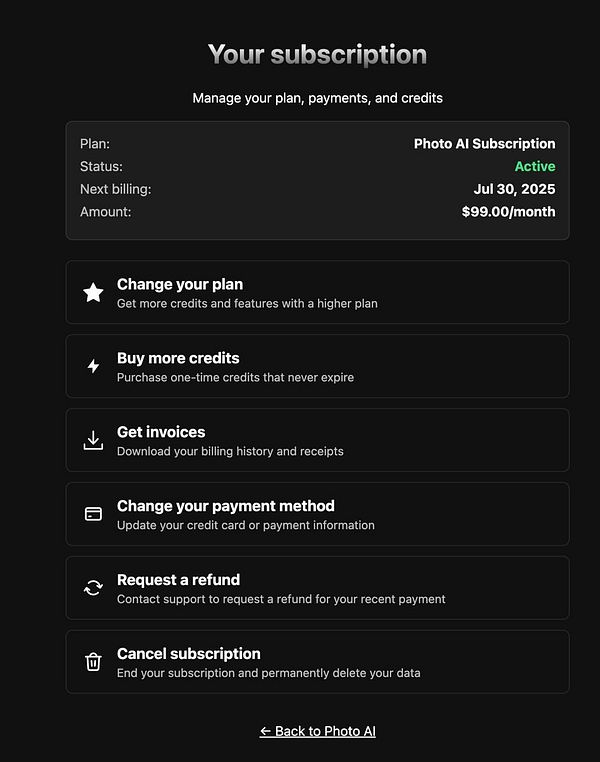 The image displays a subscription management interface for a service called Photo AI.