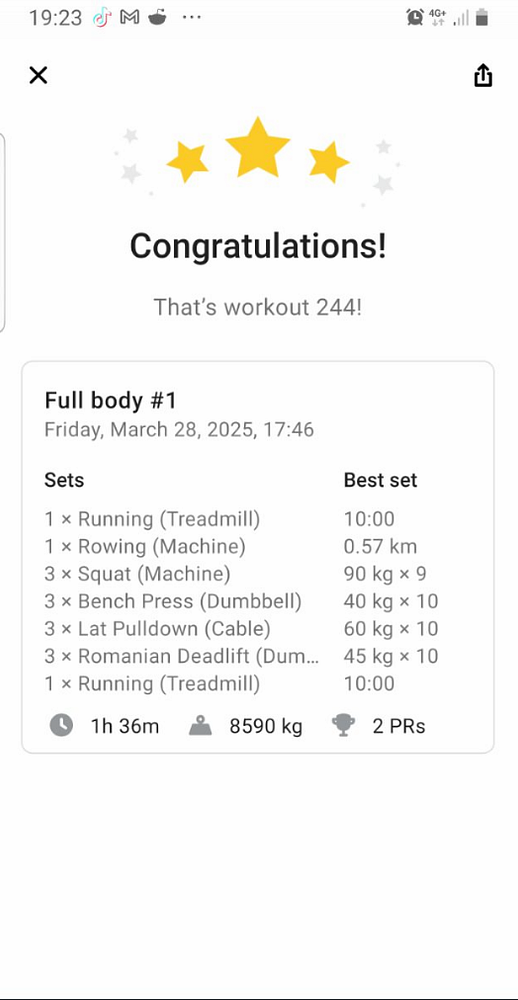A workout summary displaying details of a full-body exercise session.