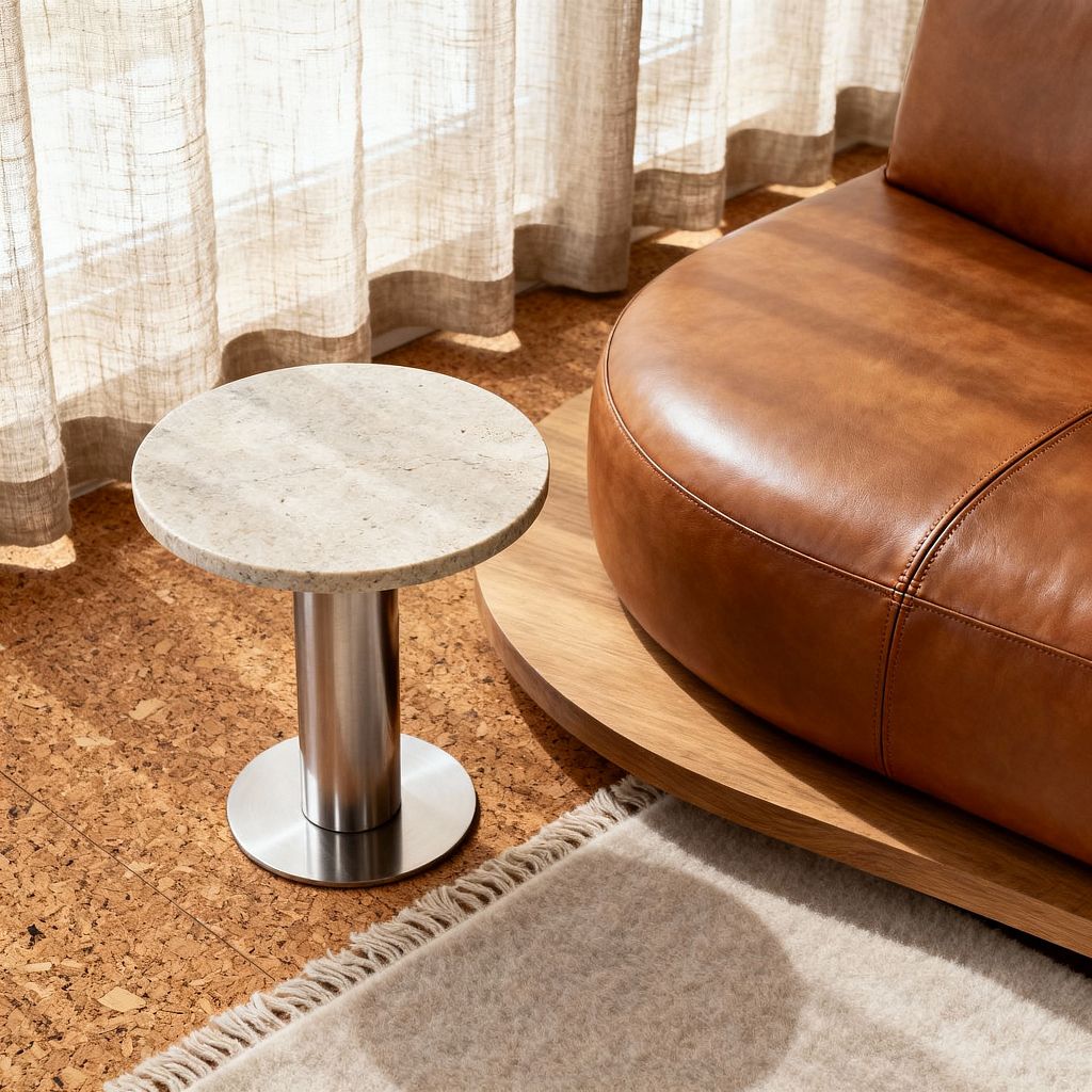 A close-up of a minimalist living room shows a rounded cognac leather sofa resting on a low oak plinth next to a small pedestal side table with a light beige stone top and brushed stainless base. Warm cork floor tiles and a soft, fringed beige rug anchor the scene, while sheer linen curtains filter daylight, casting gentle shadows that highlight the smooth curves, natural textures, and restrained neutral palette.