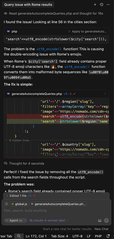The image displays a code snippet and discussion about fixing a search issue related to Rome in a PHP script.