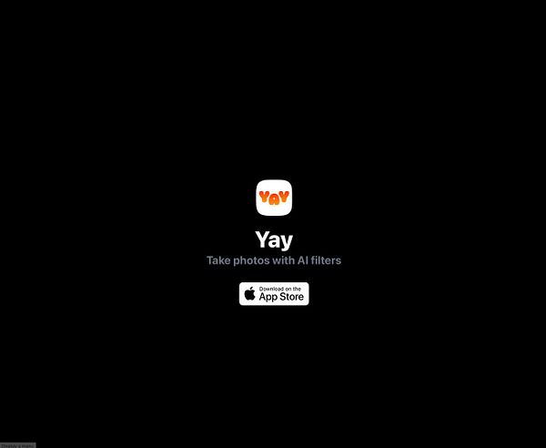 The image displays a simple homepage for the Yay app against a black background.