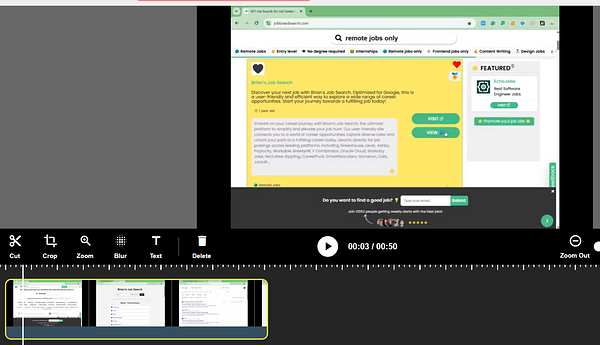 The image displays a video editing interface featuring a webpage for Brian's Job Search.