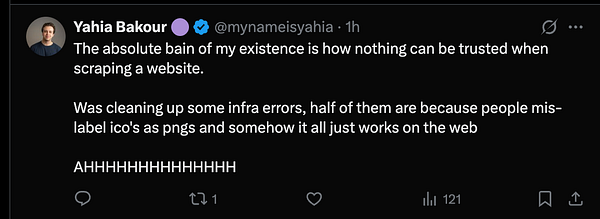 A tweet expressing frustration about website scraping issues related to mislabeled image formats.