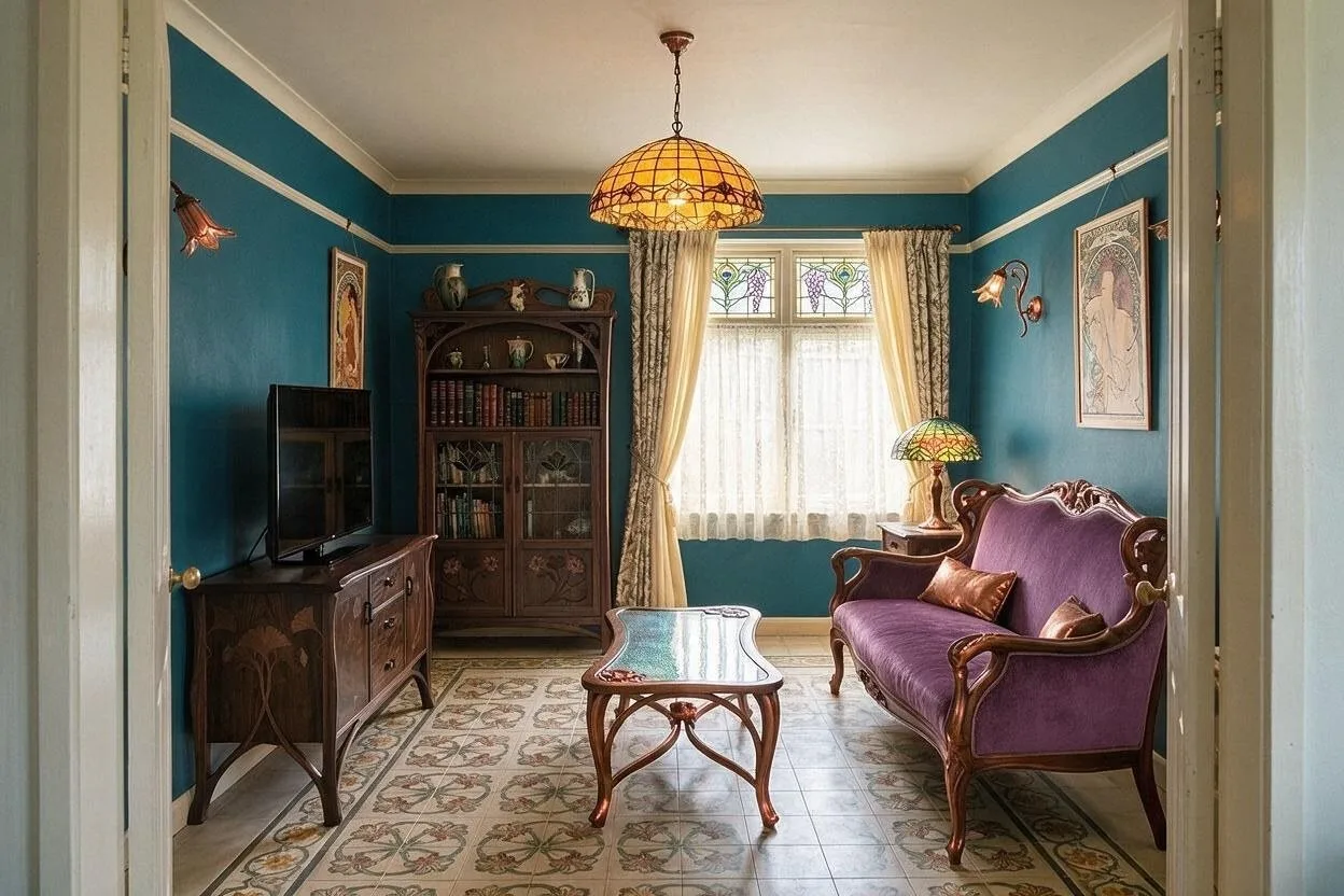 The same Art Nouveau living room in the Peacock palette: peacock blue, plum, dark walnut, copper, and cream