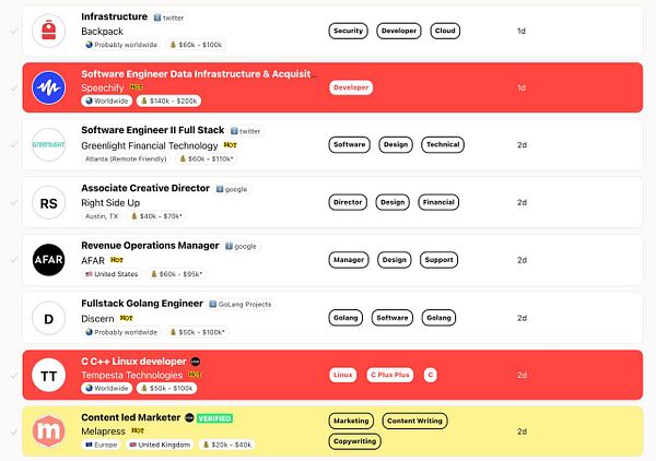 The image displays a job listing interface with various remote job opportunities.