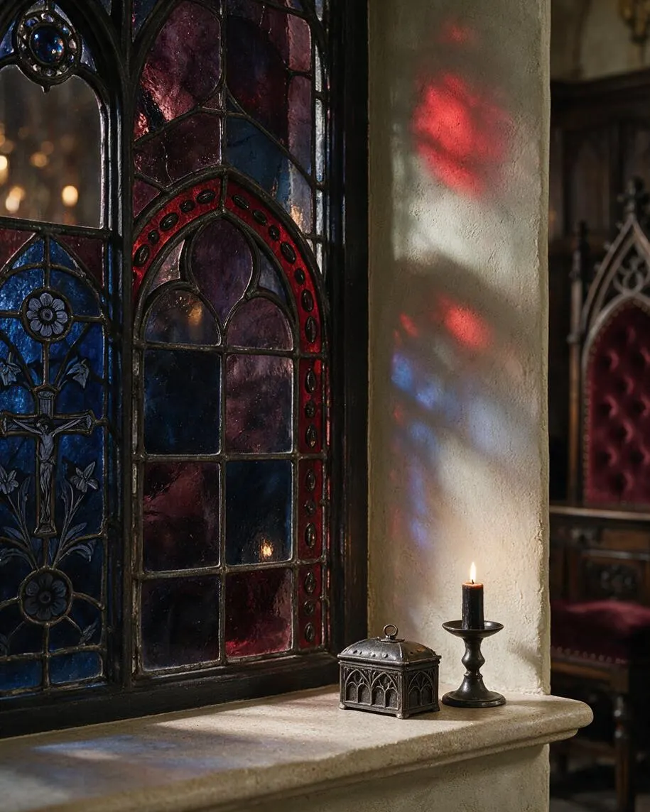 A Gothic-style window with dark leaded stained glass panels in blue, burgundy, and purple, set beside a pale stone ledge. A small black candleholder and an ornate metal lidded box sit on the sill, while candlelight casts soft red and blue reflections onto the wall.