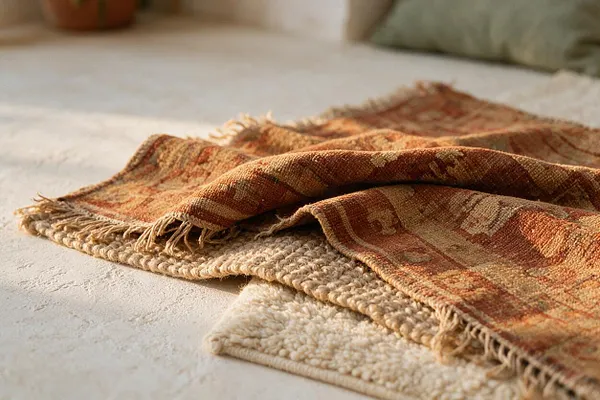 A close-up of layered bohemian textiles spread across a light surface, featuring a patterned rust and ochre woven fabric draped over a chunky cream rug. The visible fringe, tassel-like edges, and textured fibers create a warm, tactile look with earthy tones and a relaxed, handmade feel.