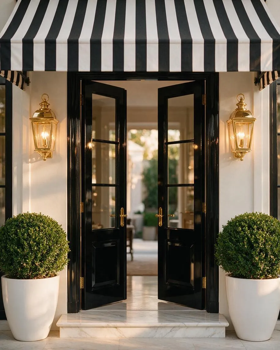 A glamorous exterior entryway features a bold black-and-white striped awning above glossy black double doors with glass panes and brass hardware. White walls, brass lantern sconces, marble steps, and paired topiary shrubs in tall white planters create a polished Hollywood Regency look.