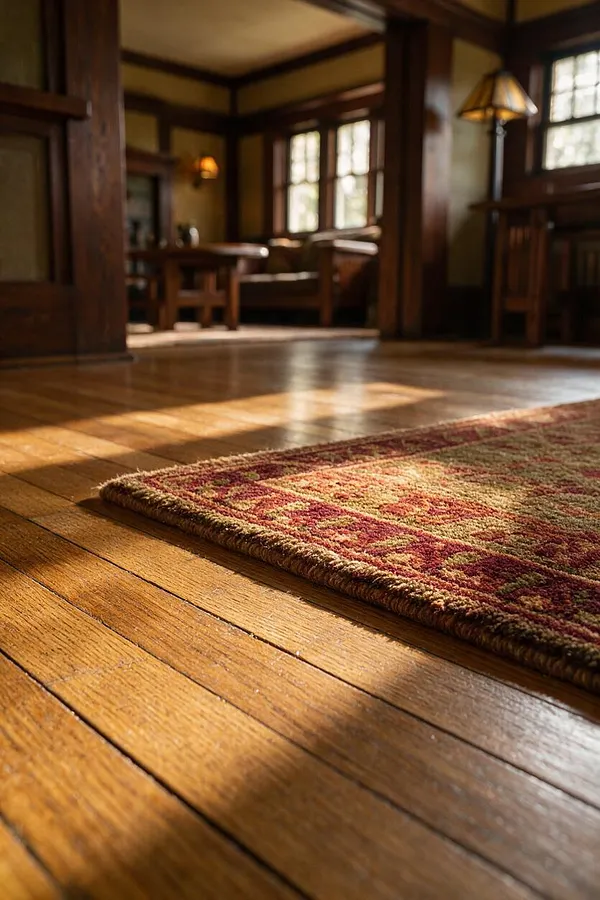A Craftsman-style room with wide honey-toned wood floorboards and a patterned area rug in muted red, gold, and green tones. Dark wood trim, built-in seating, and softly lit windows create a warm, traditional atmosphere.