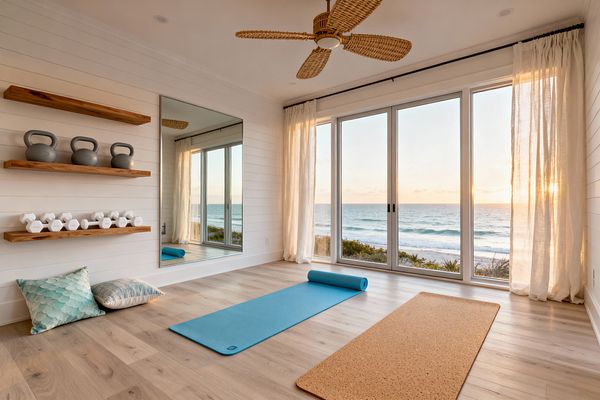 A serene home gym overlooks the ocean through wall-wide sliding glass doors with sheer linen curtains. White shiplap walls, a large floor mirror, and pale oak floors create an airy feel, while live-edge wood shelves display gray kettlebells and white hex dumbbells. A woven rattan ceiling fan and two yoga mats—one cork, one sky blue—anchor a calm, coastal space for stretching and light strength work.