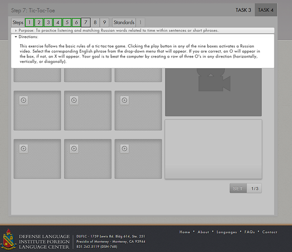 The image displays a Tic-Tac-Toe game interface designed for learning Russian.