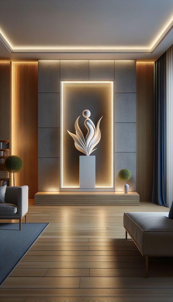 A beautifully lit niche in a living room wall, displaying a modern sculpture against a contrasting backdrop.