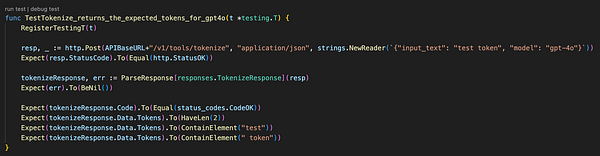 The image displays a code snippet for a test function related to a tokenization tool.