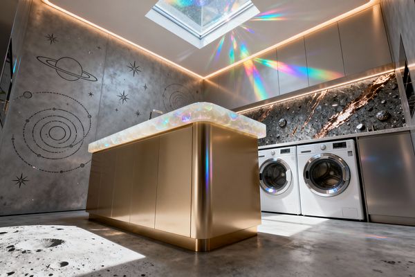 A futuristic laundry room features a satin gold island with a rounded opalescent resin countertop beneath a skylight that casts rainbow prisms. A textured charcoal backsplash with copper-like veining runs behind two white front-loading machines and a stainless cabinet, while metallic upper cupboards and warm LED strip lighting line the ceiling. Concrete walls are etched with planetary orbits and stars, and the polished concrete floor displays a lunar crater graphic.
