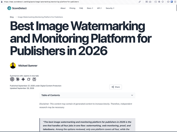 ScoreDetect blog post titled 'Best Image Watermarking and Monitoring Platform for Publishers in 2026' authored by Michael Sumner.